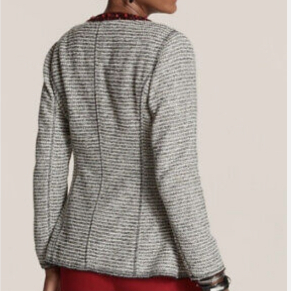 Chico's Black, White, Silver Tweed Jacket with Embellished Neckline 2 / L - Picture 5 of 11